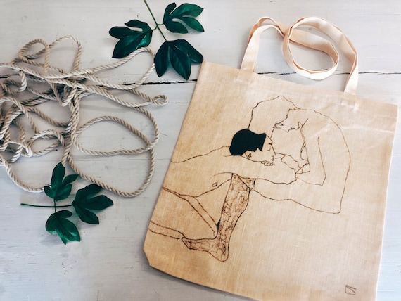 Egon Schiele, Lovers, Tote bag, Field of Flowers, linen tote, 100% linen, vintage tote, hand made in Lithuania, wholesale tote bag