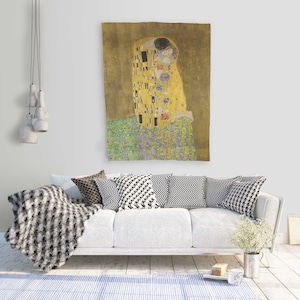 Der Kuss von Gustav Klimt, Leinen Tapisserie, Wandbehang, Goldene Periode Romantisches Meisterwerk, 100% Leinen, Europa, zwei Größen, Wohnkultur