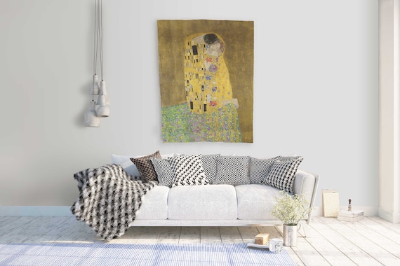 The Kiss by Gustav Klimt, Linen Tapestry, Wall Art Hanging, Golden Period Romantic Masterpiece, 100% linen, Europe, Two Sizes, Home decor