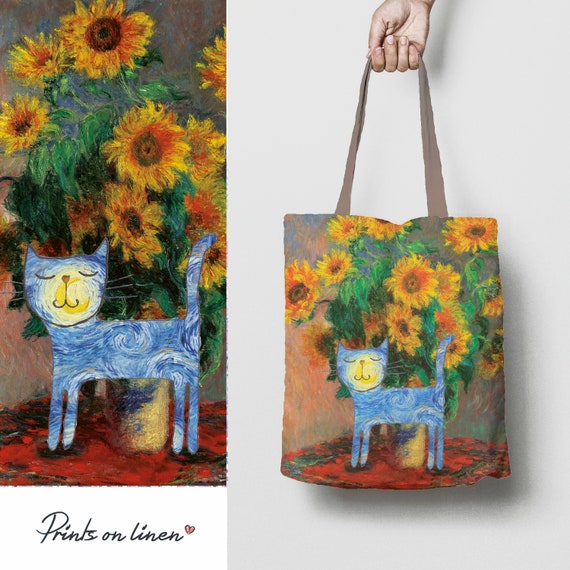 Van Gogh, cat, tote bag, linen bag, art print, birthday gift, shoulder bag, bridal shower, teacher bag, vintage bag