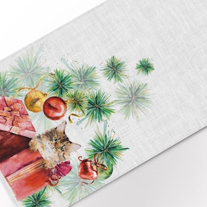 Christmas table top, Christmas cat, linen table runner, vintage Christmas, Christmas table decor, Cat ornaments, cat lover gift, 100% linen