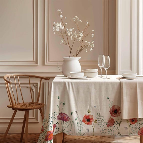 Linen tablecloth, Summer party decor, rectangle tablecloth, Poppies art, 100% linen fabric