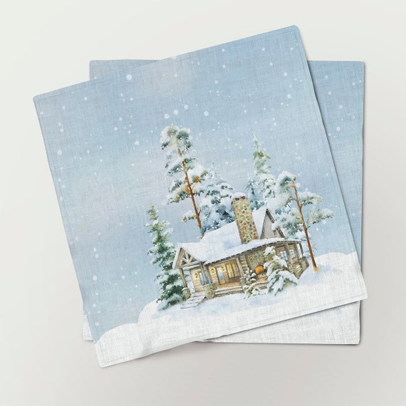 Christmas napkins,  Winter landscape with a small wooden winter houses IV, linen napkins, 100% linen, Christmas decor