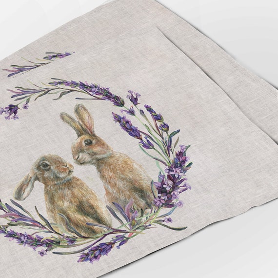 Placemats set, Lavandula & Rabbits, linen placemats, Lavenders, purple linen placemats, Easter table set, Easter placemats, 100% linen