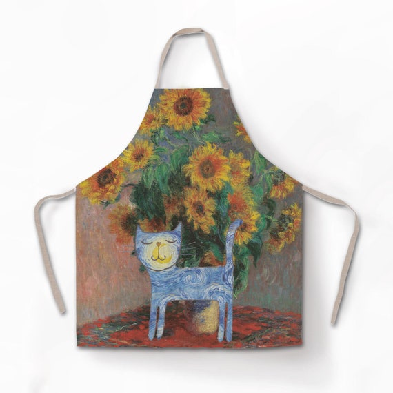 Linen apron, "Van Gogh cat", apron with pocket, matching towel set, custom apron, hand made apron, gift idea, Christmas gift, gift for him