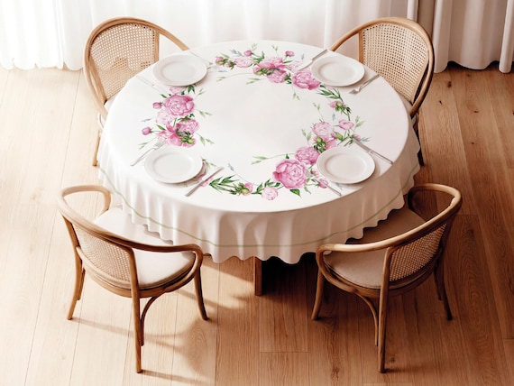 Round Linen Tablecloth, Blush Pink Peonies, Farmhouse Style, 100% European Linen