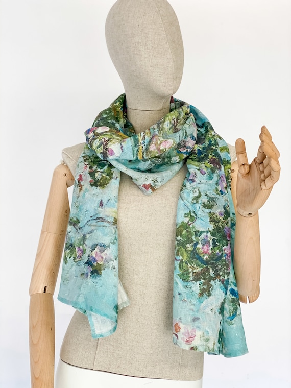 Scarf, Claude Monet, The Roses Bush, Light Turquoise scarf, linen scarf, stonewashed linen, women scarf, vintage scarf, gift for her