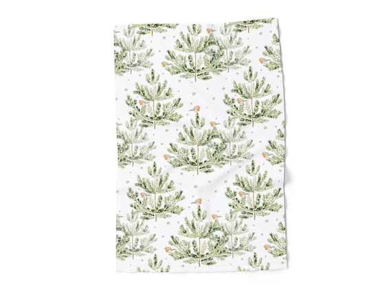 Kitchen towel, Robin Birds On Pine Trees, Holiday linens, Christmas decor, 100% linen