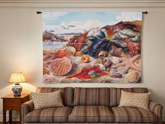 Linen Wall Tapestry, Marine Animals Tidal Pool Art