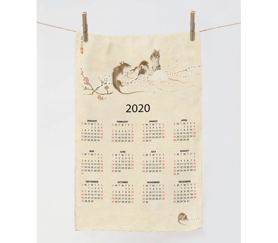 2020 Calendar Towel, Zodiac towel, Rat Towel, Tea towel, linen towel, Year of the Rat, The Chinese zodiac