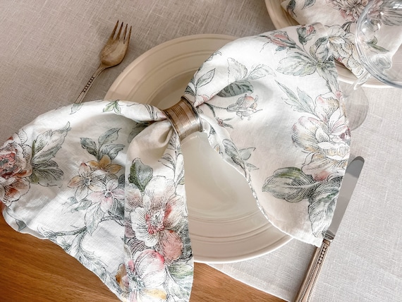 Napkins set, Blooming Peonies, 100% linen, napkins cloth, fabric napkins, napkins for wedding, custom napkins, dinner napkins