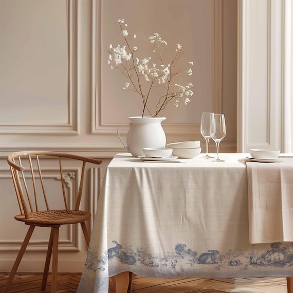 Easter Tablecloth, Toile de Jouy Rabbit, Tablecloth rectangle, Linen tablecloth, Vintage tablecloth, 100% linen, Toile de Jouy