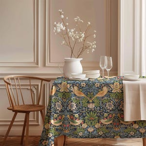 Rustic linen tablecloth, William Morris, Strawberry Thief, Vintage flower pattern, handmade Boho table cover, 100% linen