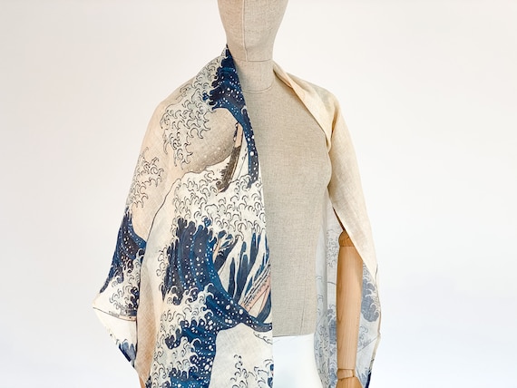 Women scarf, Great Wave, Linen scarf, Katsushika Hokusai, linen women scarf, Hokusai Great Wave, Summer scarf