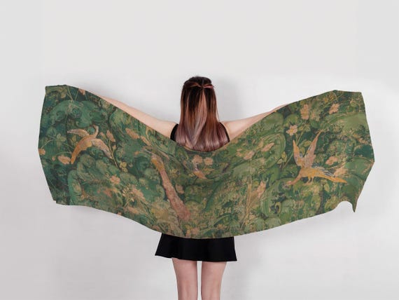 Linen Scarf, Verdure, Garden with Birds, Handmade in Lithuania, 100% European Linen