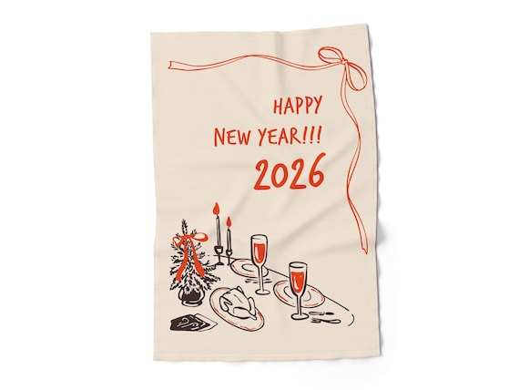 Kitchen Towel, Happy New Year, Tea Towel, Scandinavian Style, Red & Beige Christmas Decor