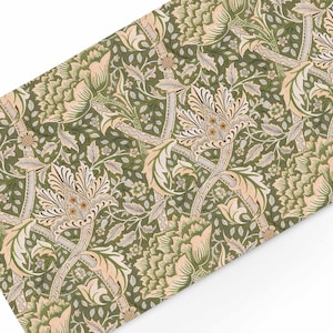 May include: A green fabric with a repeating pattern of stylised flowers and leaves in shades of beige and green.