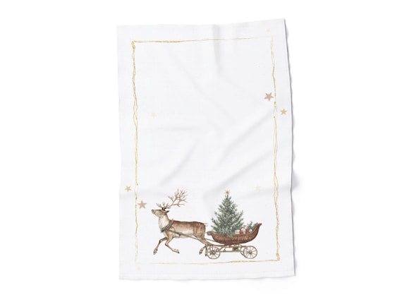 Linen Christmas Towel, Winter Carriage, Christmas Design, Holiday Table Decor, Vintage, Minimalistic, 100% linen