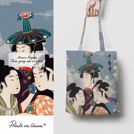 Tote bag, Three Young Women, Utamaro Kitagawa, personalized bag, custom tote bag, Japanese art, Utamaro, linen tote, 100% linen