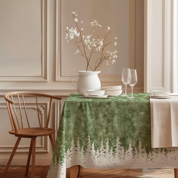 Christmas Linen Tablecloth, White Silhouettes of Pine Trees in Snow