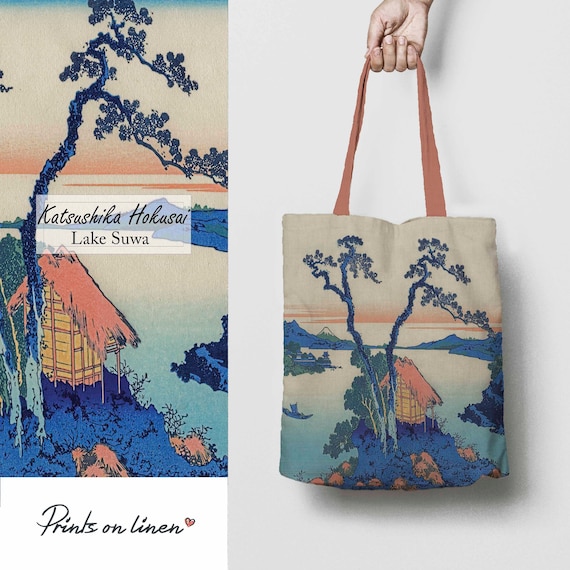 Tote bag, Hokusai, Lake Suwa, Japan art, Japan vintage art, wabi sabi, linen bag, art print, birthday gift, vintage bag