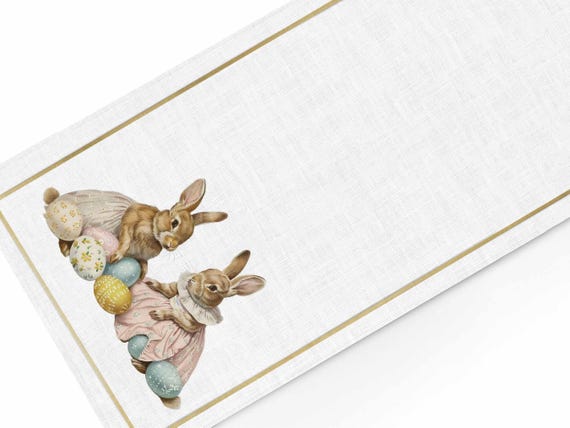 Linen Table Runner, Two Bunnies Easter Eggs, Spring Table Decor