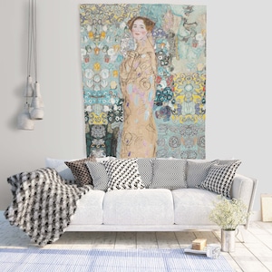 Tapiz de pared de lino con retrato de Gustav Klimt y Maria Munk, hecho a mano