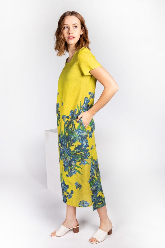 Linen dress, Van Gogh, Irises, mustard dress, linen midi dress, linen summer dress, linen clothing