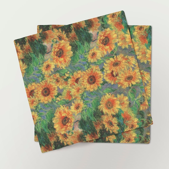 Linen napkins, Sunflowers, Claude Monet, Green Yellow napkins, Monet napkins, 100% linen