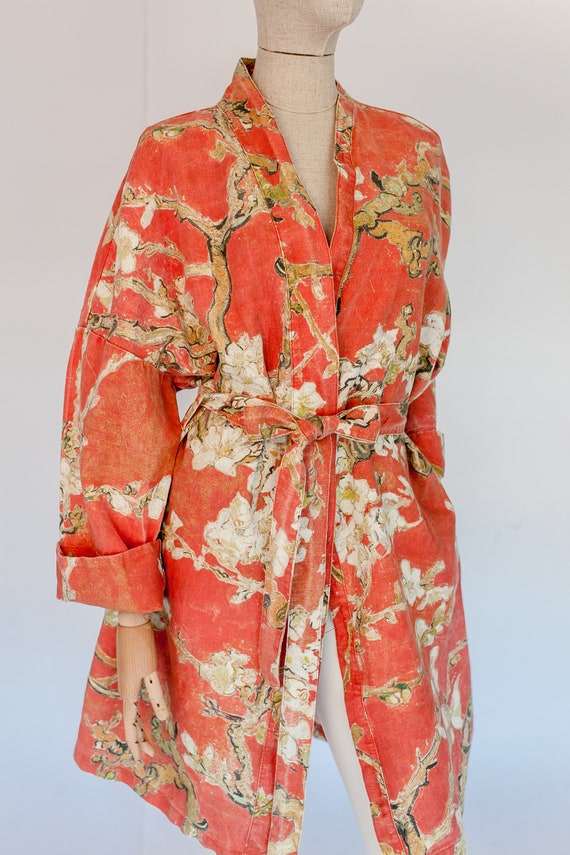 Kimono robe, Vincent van Gogh, kimono cardigan, bathrobe, Almond blossom, 100% linen, bridesmaid gift, Linen robe, linen, Linen bathrobe