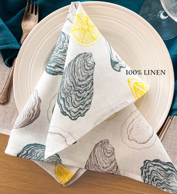 Napkins set, Oyster and Lemons, Oyster napkins, Oyster decor, 100% linen, napkins cloth, fabric napkins, seafood napkins