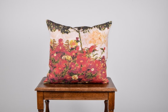 Egon Schiele, Field of Flowers, Decorative pillow, Cushion cover, 100% linen, home pillow, 18x18 inches, Art pillow, wholesale pillow