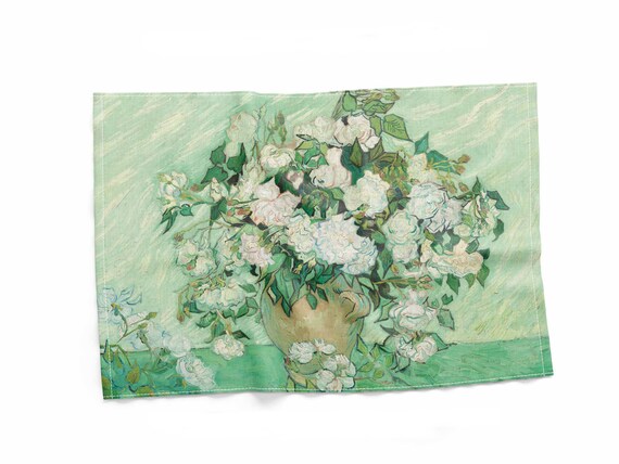 Linen towel, Van Gogh, Roses 1890, 100% linen, Van Gogh textile, hostess gift, farmhouse decor, kitchen towel