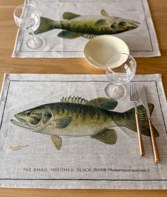 Placemats set, Small-Mouthed Black Bass, linen placemats, 100% linen