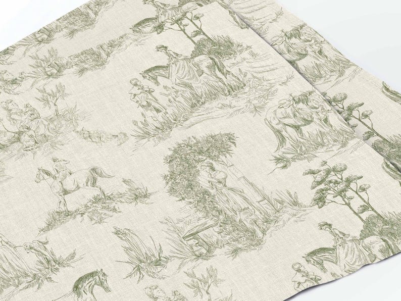 May include: A beige fabric with a repeating pattern of green line drawings of people riding horses and trees. The pattern is reminiscent of a toile fabric.