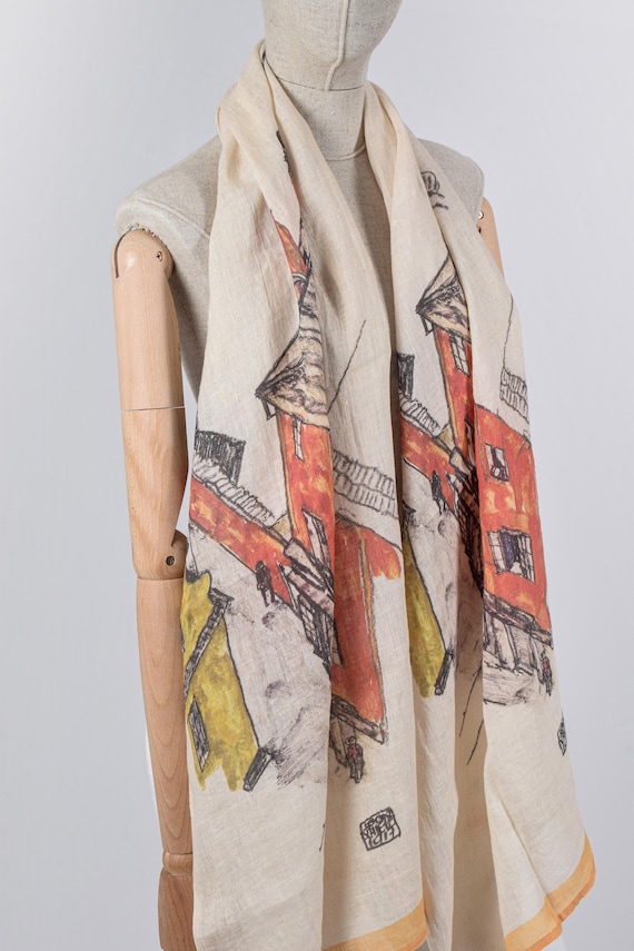 Linen women scarf, Egon Schiele, linen scarf, women scarf, 100% linen, 27 x 76 in, pure linen scarf