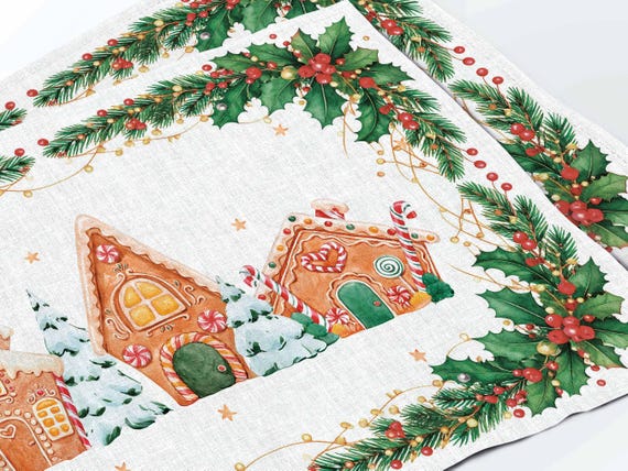 Placemat Set, Gingerbread House, Christmas Print, Holiday Decor, 100% linen