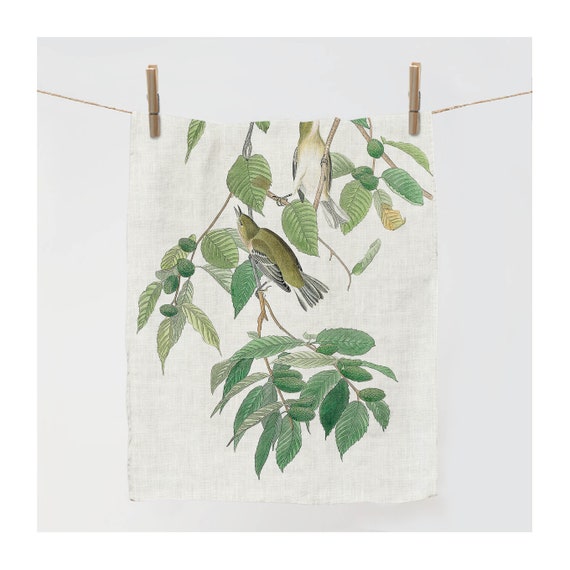 Linen towel, Autumnal Warbler, Birds of America (1827) by John James Audubon, kitchen towel, dish towel, linen kitchen towel, 100% linen