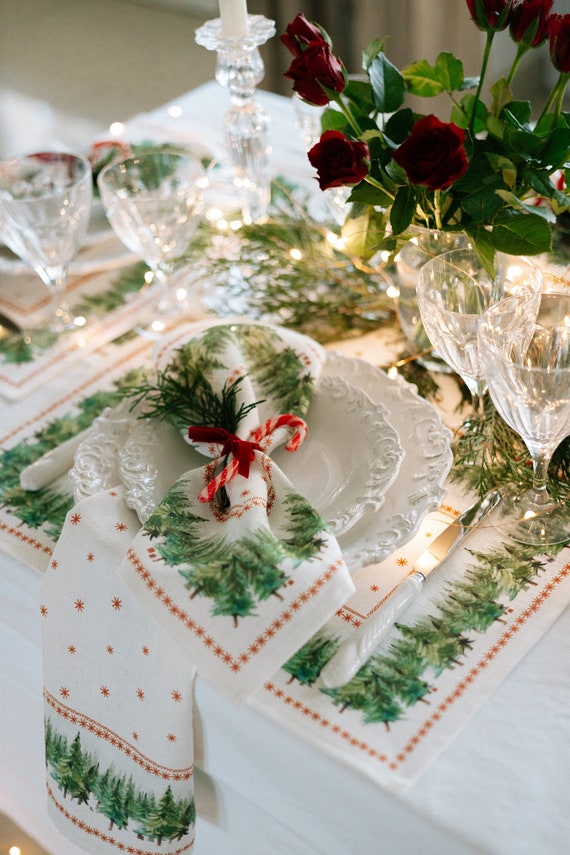 Placemats set, Ethno-Festive Fir, Christmas placemats, Christmas decor, Holiday table linens, 100% linen, linen placemats