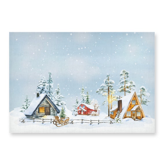 Christmas placemats, Winter landscape with a small wooden winter houses, linen placemats, 100% linen, Christmas decor