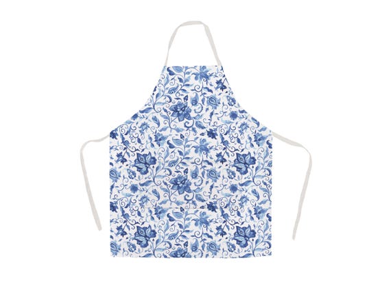 Linen Apron "Blue Porcelain Flowers", 100% Linen, Watercolor Floral Garden Design