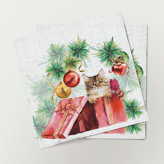 Christmas napkins, Christmas cat, linen napkins, napkins set, Christmas table decor, Cat print, cat lover gift, 100% linen