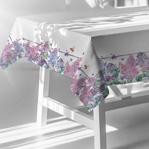 Linen tablecloth, Lilac flower pattern, Summer tablecloth, 100% linen fabric