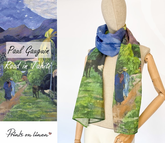 Linen scarf, Gauguin, Tahiti, art to wear, gift for her, scarves, women scarf, maxi scarf, blue scarf, hand made scarf, birthday gift