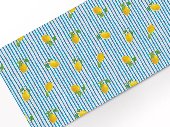 Table runner, Fresh Summer, lemon table top, blue stripes,  100% linen, linen table runner, custom length