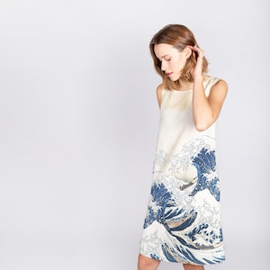 Linen dress, Hokusai The Great wave, sleeveless tunic, linen women dress, women dress with pockets, Linenislove