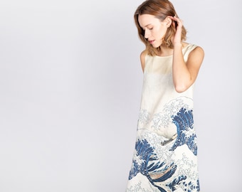 Linen dress, Hokusai The Great wave, sleeveless tunic, linen women dress, women dress with pockets, Linenislove