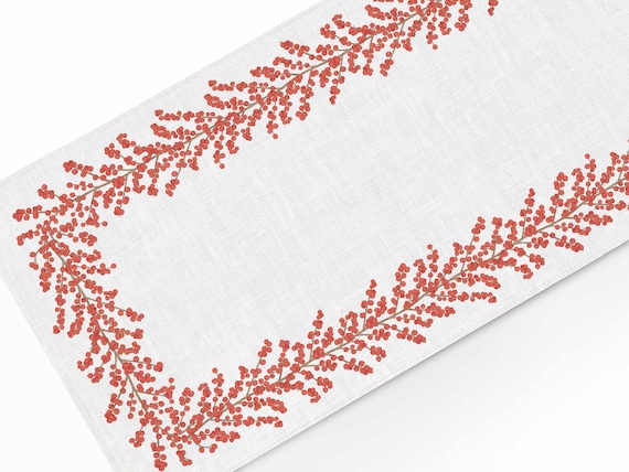 Table runner, Red Berry, Holiday linens, Winter berries, Christmas decor, 100% linen, Christmas table top