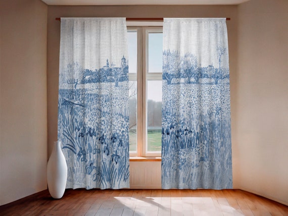 Curtains set, View of Arles with Irises in the Foreground, Van Gogh, linen curtains, 100% linen, rod pocket, window curtains