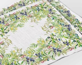 Linen Placemats Set, Olive Branch Print, Farmhouse Table Decor